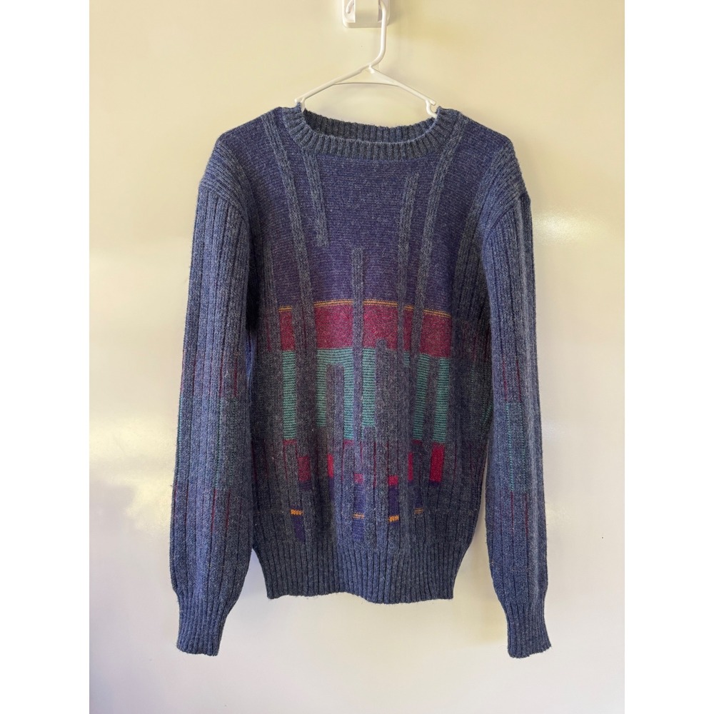 Vintage Jantzen Mens Blue Abstract Geometric Knit Sweater Made in USA Size L